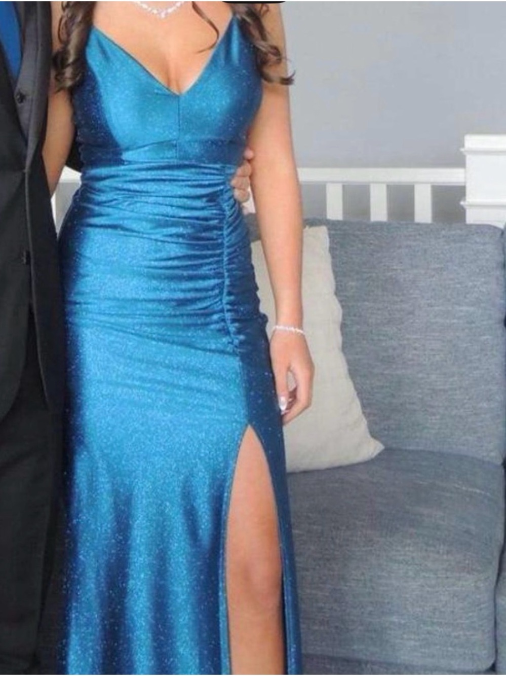 Dillards Glittering Teal Blue V-Neck Prom Gown with High Side Slit